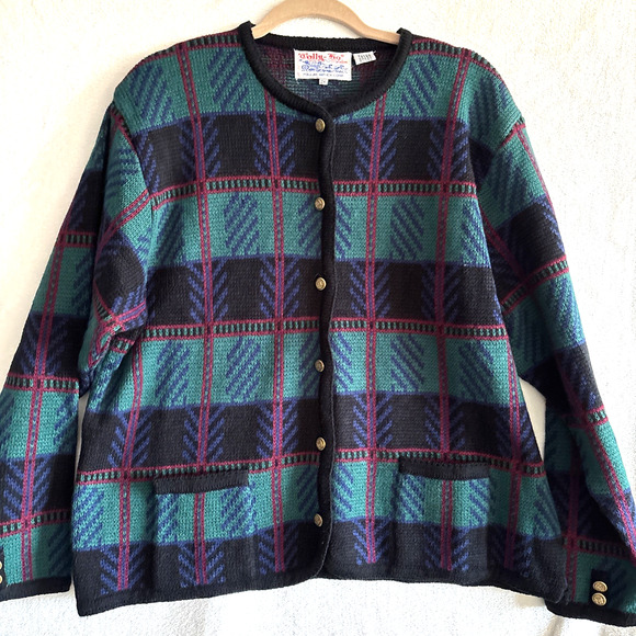 VTG Tally-Ho Sweater Cardigan 2X Gold Button Front Green Plaid Christmas - Picture 1 of 12